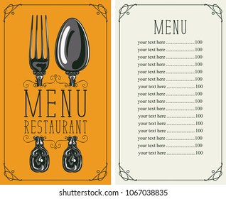 Vector template menu for restaurant with price list, realistic fork and spoon in figured frame with curls on yellow background in retro style