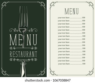 Vector template menu for restaurant with price list and realistic fork in figured frame with curls in retro style