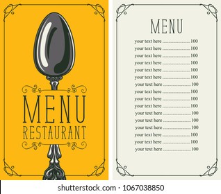 Vector template menu for restaurant with price list and realistic spoon in figured frame with curls on yellow background in retro style