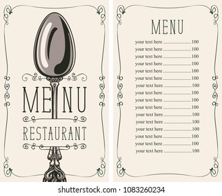 Vector template menu for restaurant with price list and realistic spoon in figured frame with curls in retro style