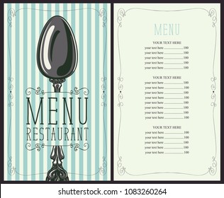 Vector template menu for restaurant with price list and realistic spoon in figured frame with curls in retro style on striped background