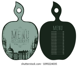 Vector template menu for restaurant with price list in the form of figured wooden cutting board with a picture of the old town in retro style.