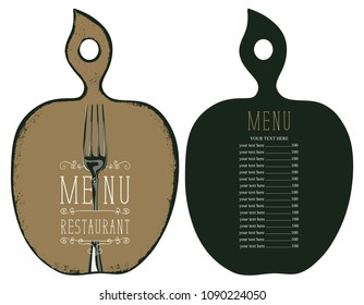 Vector template menu for restaurant with price list in the form of figured wooden cutting board with a picture of fork in retro style