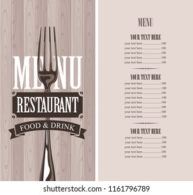 Vector template menu for restaurant with price list and realistic fork on wooden background in retro style