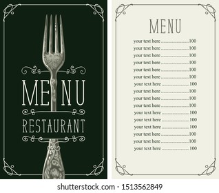 Vector template menu for restaurant with price list and realistic fork in figured frame with curls in retro style