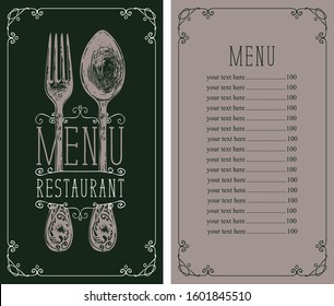 Vector template menu for restaurant with price list, realistic fork and spoon in figured frame with curls in retro style