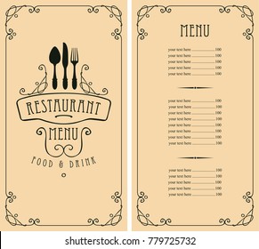 Vector template menu for restaurant with price list and cutlery in curly frame on a light background in baroque style