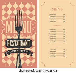 Vector template menu for restaurant with price list and fork in curly frame on the checkered background in retro style