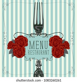 Vector template menu for restaurant with realistic fork and red barbed roses in figured frame with curls in retro style on striped background