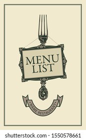 Vector template menu for restaurant with realistic fork, picture frame and ribbon in retro style on a light background