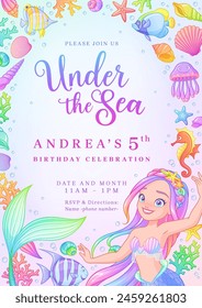 Vector template of mermaid theme birthday party invitation.