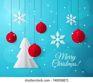 Vector template for Merry Christmas greeting cards and banners with festive decorations. Holiday blue background with paper fir-tree, toys and snowflakes for celebration flyers. With place for text.