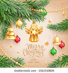 Vector template for Merry Christmas and Happy New Year Greeting card. Christmas Angel holding star, realistic branches of fir tree, colored glass toys, sequins and gold garlands on light background