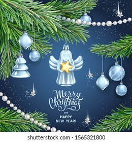 Vector template for Merry Christmas and Happy New Year Greeting card. Christmas Angel holding gold star, realistic branches of fir tree, silver glass toys, sequins and garlands on dark blue background