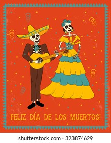 vector template of mexican poster with images of skeleton couple and "happy dead days" spanish text