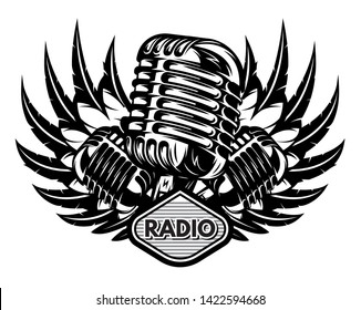 Vector template with microphone and wings on musical theme.