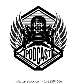 Vector template with microphone and wings on musical theme.