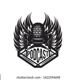 Vector template with microphone and wings on musical theme.
