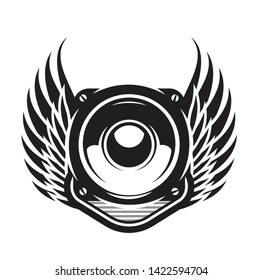 Vector template with microphone and wings on musical theme.