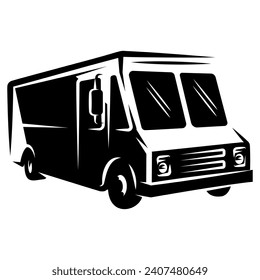 Vector template with minivan for passenger and cargo transportation. Monochrome image, template for design.