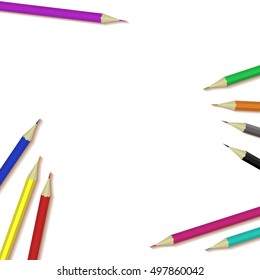 Vector template or mock up with white table and colorful pencils. Easy to place your image on the cover.Top view.