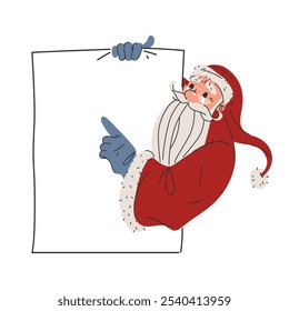 Vector template or mockup with Santa Claus character. Cartoon personage of Santa points finger at blank banner. Vertical empty white sheet or paper for New Year greetings or wishlist. Holiday card.