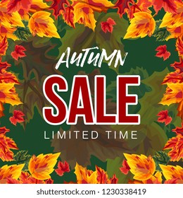Vector template of modern banner for advertisement of autumn sale in foliage on green background