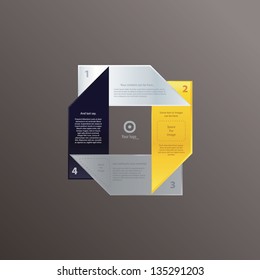 Vector template in modern design. Four vector labels with space for content. Four choices, levels or steps. Can be use as info-graphic. Sizable, editable. Luxury colors, gold silver, black, white.