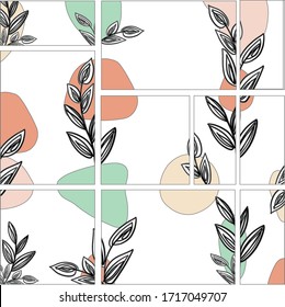 Vector template in modern summer and spring style: hand drawn herbs with frames, spotted background. Vintage creative design. Set of elegant abstract decorative elements. Space for text or photo