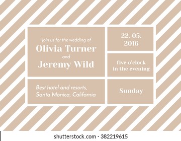 vector template of modern wedding invitation decorated with white stripes on soft beige background