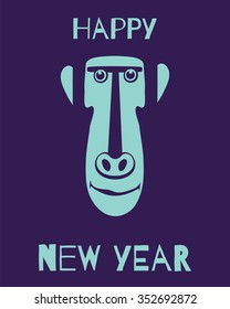 Vector template with monkey smiling face. Happy New Year pattern for placards, brochures, posters, greeting cards, flyers. 
