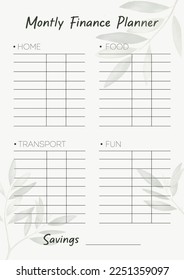 Vector template for monthly finance planner. 