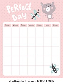 vector template of a monthly planner for kids, illustration of a bear and hand lettering text
