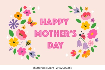 Vector template for Mother's day banner, greeting card, paper bag with cute flowers, bee, butterfly and ladybird.