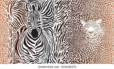 Vector template with a motif of African wild animals, leopard and zebra