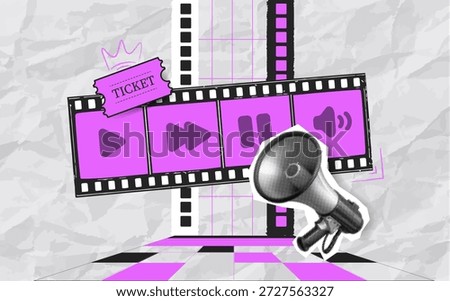 Vector template for movie viewing, notifications and ticket purchase.
Cinema composition with movie player controls, ticket and megaphone in halftone style.