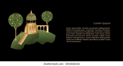 Vector  Template mystic and elf theme, banner with golden city, house on black background, copy space. For invitation, cards or banner and  poster, Landing page