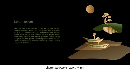 Vector  Template mystical landscape with elven boats on black background, copy space. For invitation, cards or banner and  poster, Landing page