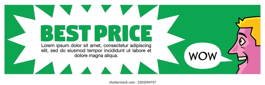 Vector template in narrow horizontal format, of a commercial offers, with a text that says Best price, on a flat green background and with the smiling face of a cartoon style man.