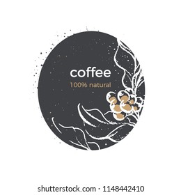 Vector template. Nature sketch of coffee tree, branch, bean, grain, berry Art symbol, nature logo on black background Premium product, simple design Organic luxury card, aroma tropical drink, bio food