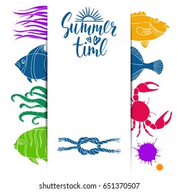 Vector template.  Nautical. Sea animals. Fish. Colorful background.  Brush handwriting lettering. Modern calligraphy. Inscription ink summer time.