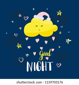 Vector template night cards with cute cartoon characters and phrases with lettering. Design card for baby shower, nursery poster, kids and baby t-shirt and cards, posters, banner.
