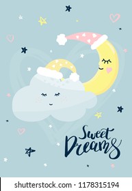 Vector template night cards with cute cartoon characters and phrases with lettering. Design card for baby shower, nursery poster, kids and baby t-shirt and cards, posters, banner.