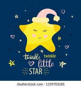 Vector template night cards with Little star and phrases with lettering. Design card for baby shower, nursery poster, kids and baby t-shirt and cards, posters, banner.