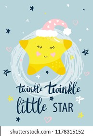 Vector template night cards with Little star and phrases with lettering. Design card for baby shower, nursery poster, kids and baby t-shirt and cards, posters, banner.