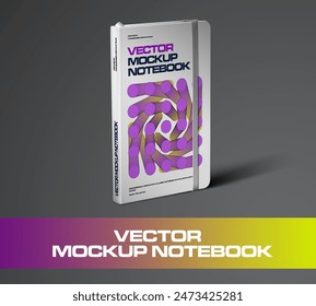 Vector template of notebook with elastic band, bookmark, with abstract design on hardcover, standing notepad for notes, planning. Presentation mockup diary, closed organizer for branding. Illustration