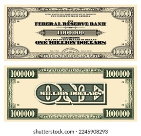 Vector template obverse and reverse of vintage banknote with guilloche border, denomination of one million US dollars. Paper money in style retro