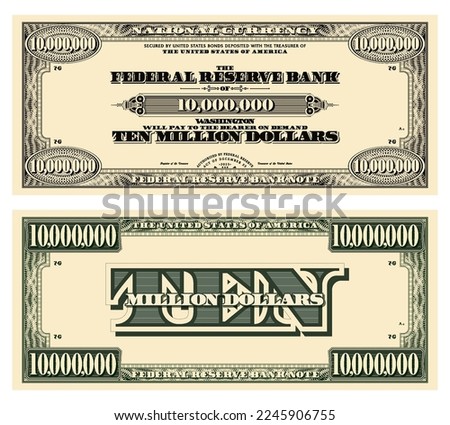 Vector template obverse and reverse of vintage banknote with guilloche frame, denomination of ten million US dollars. Paper money in style retro.