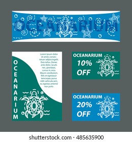 Vector template for oceanarium with sea turtle. Template for card, brochure, leaflet, poster, card, advertisement, banner, flyer, blank,  menu, vegan cafe, shop, discount card.