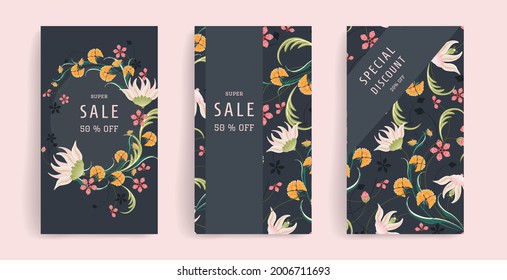 Vector template on a dark background with wildflowers and leaves. Suitable for social media, stories, web, advertisements, postcards, invitations, flyers, covers, brochures, and other graphic designs